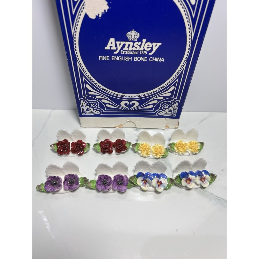 VTG Royal Aynsley Bone China Floral Place Card Menu Holders Set Of 8